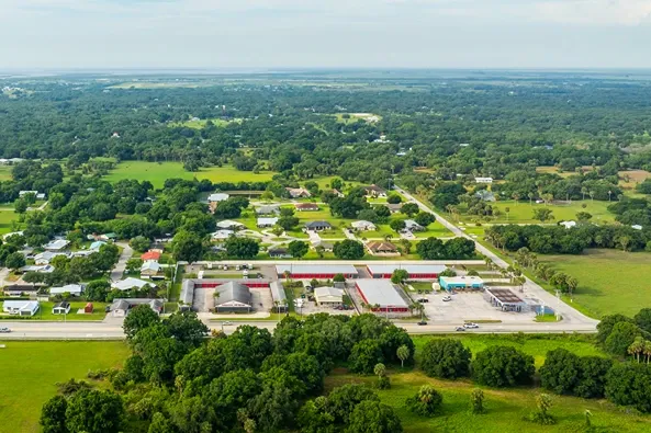 Aerial view of Devon Self Storage facility with multiple rows of drive-up units